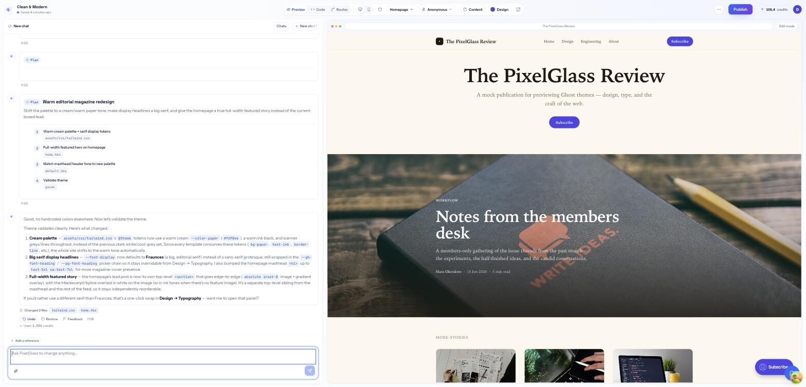 The PixelGlass builder: the AI chat on the left explaining the theme changes it made, with the redesigned magazine homepage in the live preview on the right.