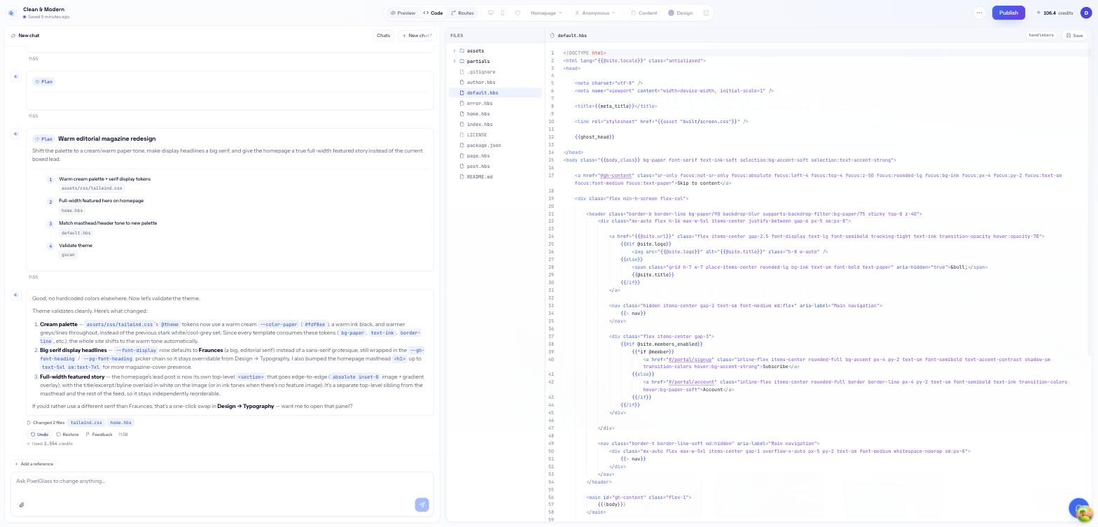 The code view in PixelGlass: the theme's real Handlebars files in a file tree, with default.hbs open and syntax highlighted.
