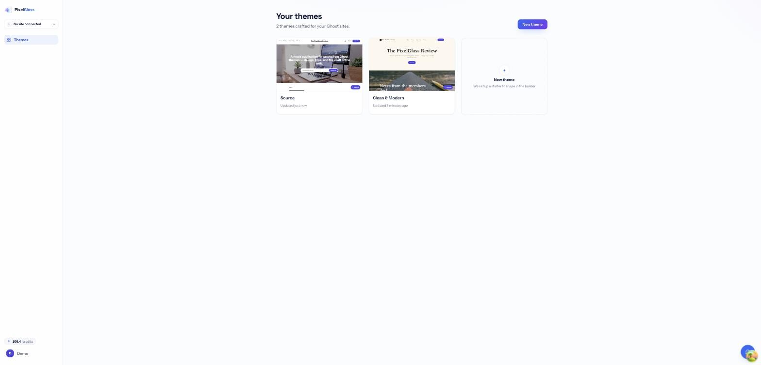 The PixelGlass dashboard showing two theme cards, Source and Clean and Modern, plus a New theme card.