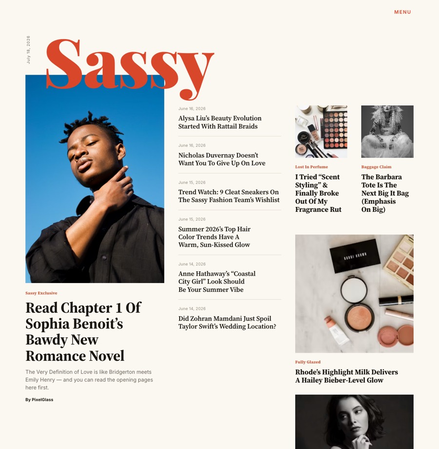 Sassy — a live Ghost magazine site built with PixelGlass